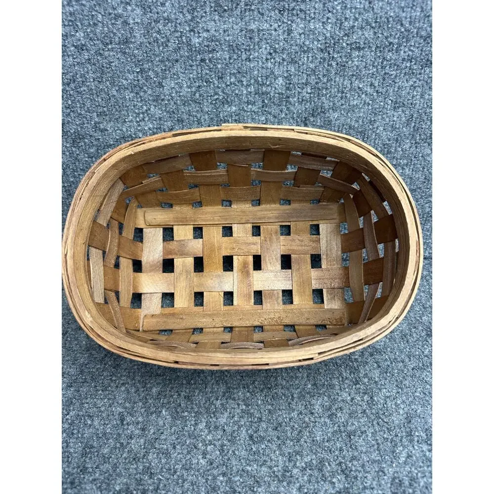 Vintage handmade woven split wood basket 9”rustic farmhouse storage nailed rim